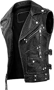 【Vintage back pocket over leather vest】 Men's Classic Black Cowhide Leather Motorcycle Biker Vest